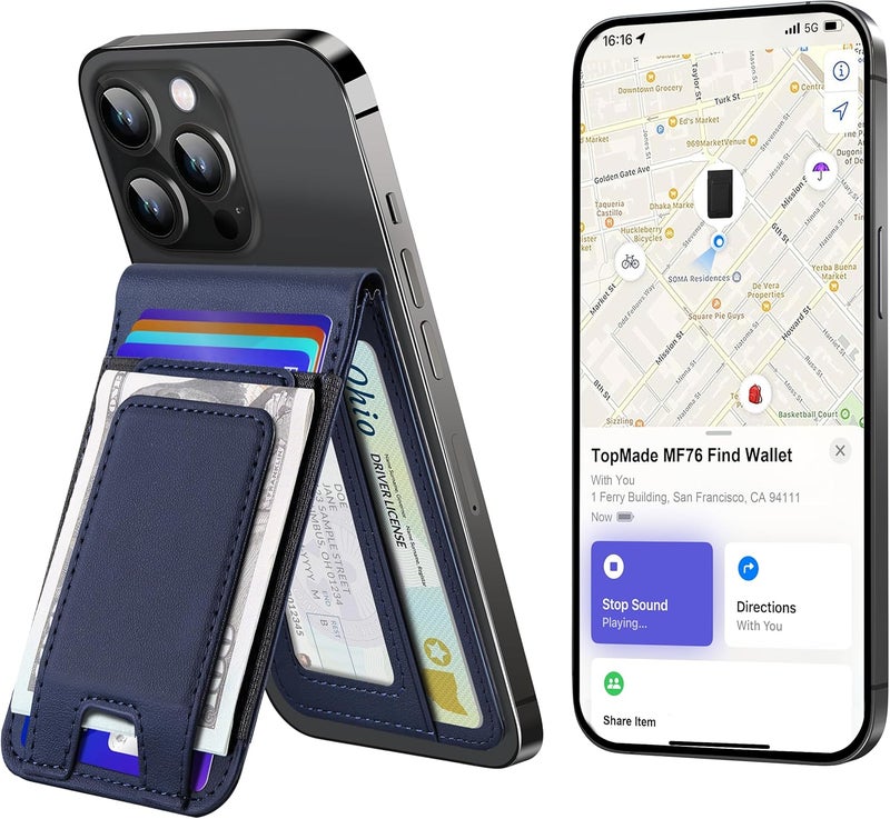 TopMade for MagSafe Wallet with Money Clip, Works with Apple Find My, Strong Magnetic Wallet for iPhone 17/16/15/14/13/12 Series, for iPhone Wallet Stand with Finder Tracker, 8 Cards Holder, Navy Blue - Image 1